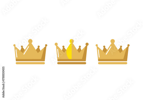 Three golden crowns in flat design on white background  
