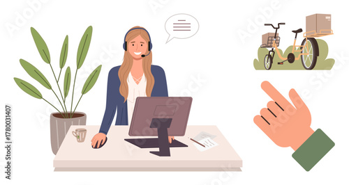 Woman with headset at desk, speaking. Monitor, plant, hand pointing at delivery tricycle. Ideal for logistics, customer service, eco-solutions, support systems communication remote work simple