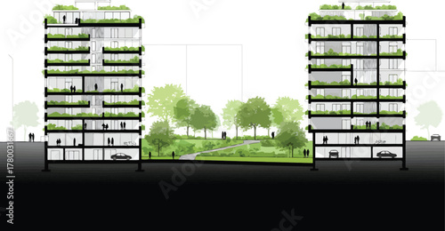 Architectural cross section of modern sustainable buildings with green spaces