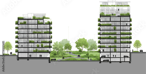Architectural cross section of modern apartment buildings with green spaces