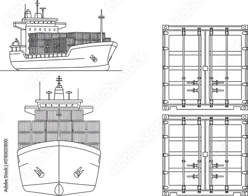 Blueprint and technical drawing of a cargo ship and shipping containers
