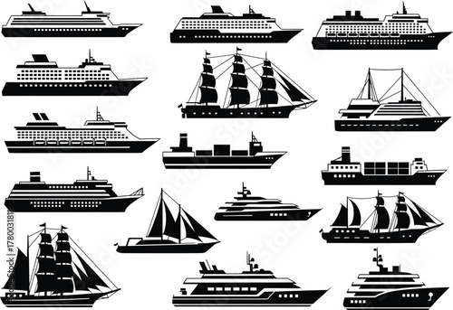 Collection of diverse ship silhouettes including cruise liners and sailing vessels