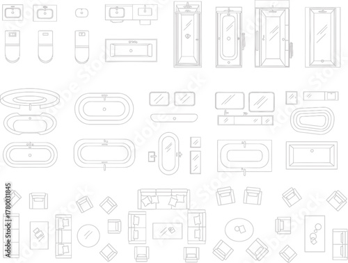 Architectural drawings of various furniture designs and cabinetry