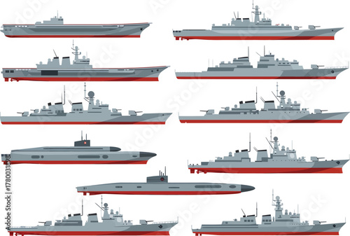 Collection of diverse military warships and naval vessels on white background