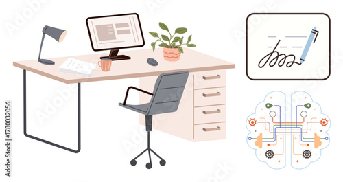 Office desk with computer setup, plant, and chair, alongside a digital signature graphic and AI brain circuit design. Ideal for innovation, technology, productivity, remote work, digital solutions