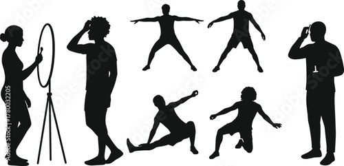 Silhouette people poses, fitness exercise stretching, dynamic movement, human body gestures, workout training, lifestyle activity, yoga balance