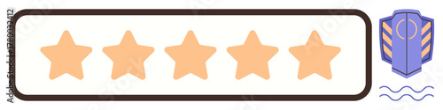 Five orange stars in a horizontal line within a border, accompanied by a shield motif. Ideal for feedback, quality, ranking, review, achievement, trust reputation. A simple flat metaphor