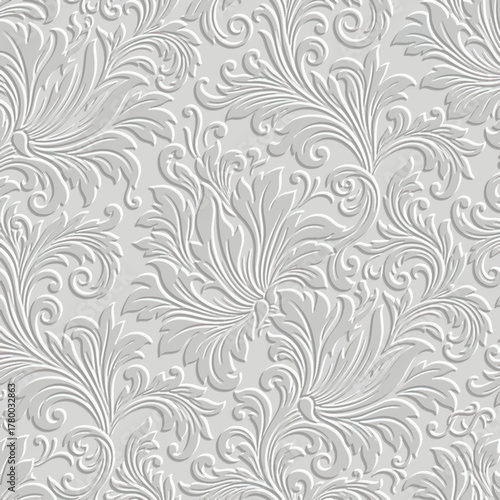 3d embossed elegant damask seamless pattern with intricate white volumetric baroque style relief scrolls and swirls. Emboss 3D effect light gray background . Ideal for luxury decor and textile print.