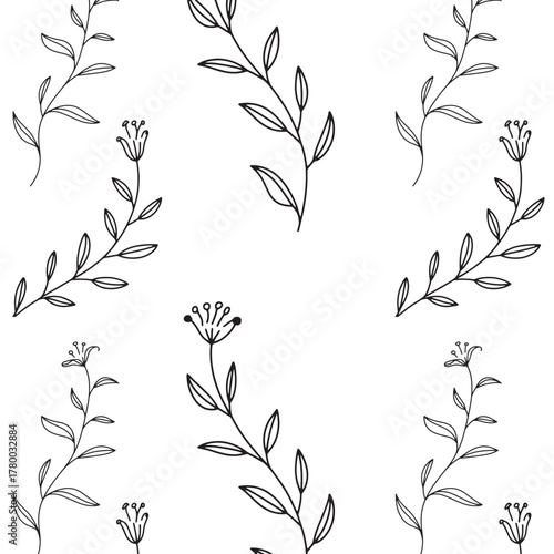 Delicate hand drawn botanical illustration seamless pattern of twining branches and small flowers on a light background