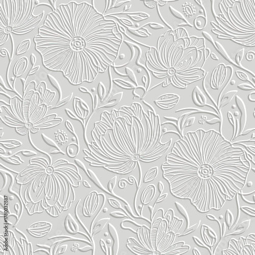 3d embossed elegant line art floral seamless pattern with white engraved relief flowers and leaves. Emboss 3D effect light gray background. Perfect for textile, wallpaper, print. Endless texture.