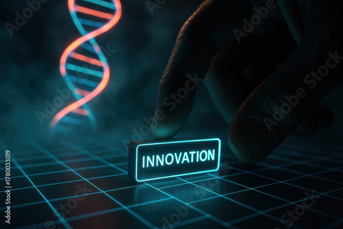 Innovative glow concept showing innovation as a futuristic focus with a tapping a neon sign over a grid symbolizing progress and science