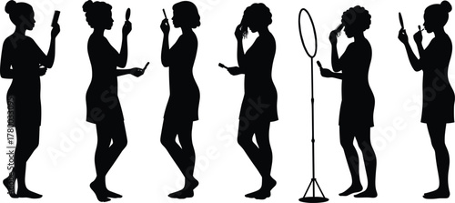 Silhouette people using smartphone, mobile phone addiction concept, digital lifestyle, social media influence, ring light tripod setup, online content creation,