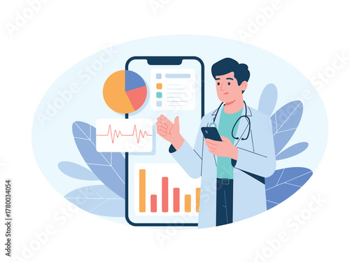 Doctor using mobile app for healthcare analytics and patient management