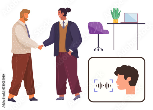 Two business professionals shake hands beside a desk with a chair, laptop, and plant. Voice recognition interface symbolizes innovation. Ideal for technology, teamwork, communication, business