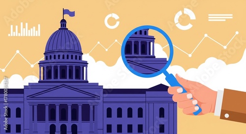 Illustration of government building with magnifying glass and data charts