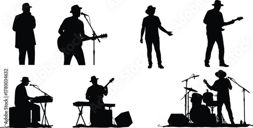 Silhouette musicians performing live concert, singer with microphone, guitarist playing acoustic, drummer on drum set, keyboard player, band ensemble stage performance, music show illustration