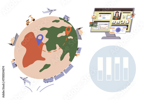 Globe showcasing transport routes with vehicles, tracking points, supply chain tools, and a computer displaying analysis. Ideal for transport, logistics, data, teamwork, technology commerce
