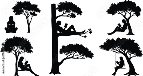 Silhouette girls reading books outdoors under trees, peaceful relaxing nature scene, sitting on swing, calm forest environment, studying, imagination moments
