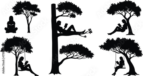 Silhouette women reading books outdoors under trees, peaceful relaxing nature scene, studying, swinging, sitting, calm forest environment, quiet imagination moments