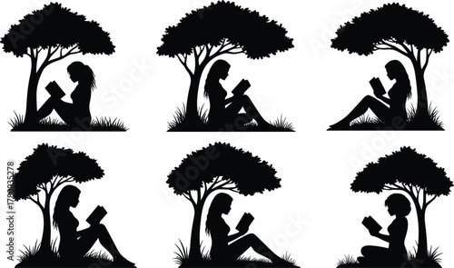 Silhouette women reading books under trees, peaceful outdoor relaxation, nature study scene, calm learning environment, quiet garden sitting and enjoying literature