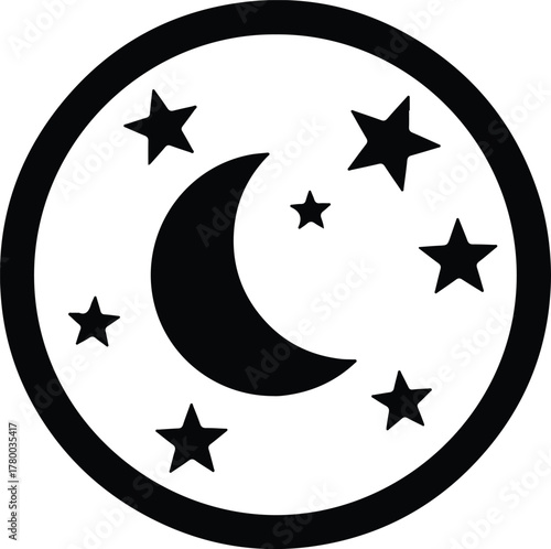 Vector crescent moon and stars in black and white silhouette illustration