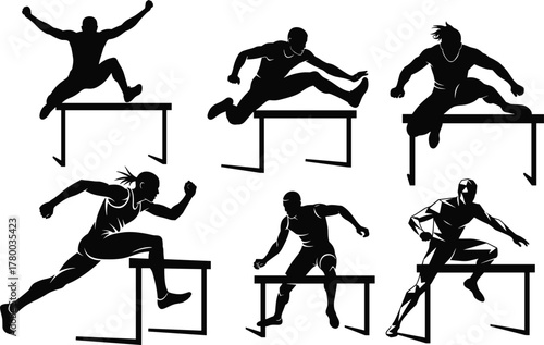 Silhouette athletes jumping hurdles, track race motion, professional sports training, dynamic obstacle running action, competition sprint movement, fitness agility performance