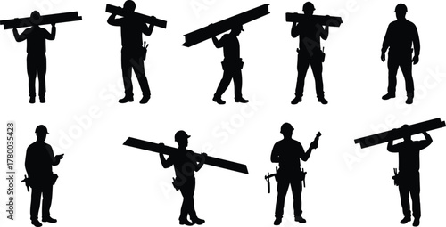 Construction workers silhouettes, hard hat laborers, beam carrying poses, industrial job site, black vector icons, safety gear, teamwork illustration, tools
