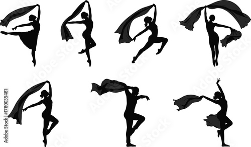 Silhouette female dancers performing graceful ribbon dance movements, elegant artistic choreography poses with flowing fabric, expressive motion, modern contemporary ballet style