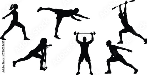 Silhouette athletes exercising with weights, fitness workout training poses, strength power exercise, active gym routine movement illustrations, healthy lifestyle sports activity