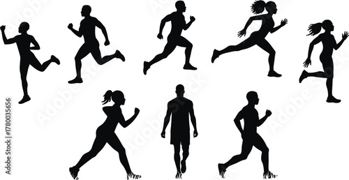 Silhouette athletes running outdoors, jogging fitness activity, healthy lifestyle exercise, sports training movement, male and female runners workout illustration