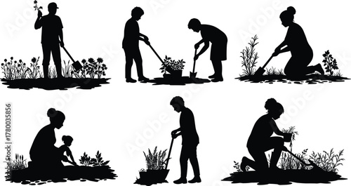 Silhouette people gardening outdoors, digging soil, planting flowers, watering plants, teaching child nature care, environmental garden work, agriculture lifestyle activity