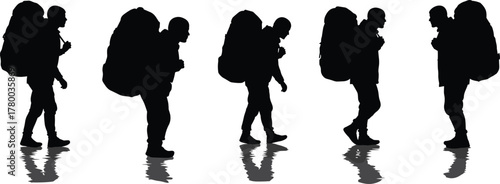 Silhouette sequence of traveler walking with heavy backpack, hiking journey motion illustration, outdoor adventure concept, reflective surface background, trekking endurance,