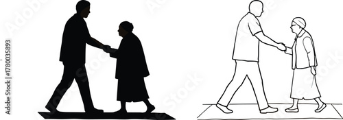 Silhouette and outline illustration of young person greeting elderly woman with handshake, friendly support, caring interaction, respect, communication, community connection