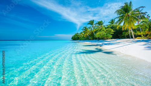 Fototapeta Naklejka Na Ścianę i Meble -  Tranquil closeup calm sea water waves with palm trees. Beautiful Panorama. Tropical island beach landscape exotic shore coast. Summer vacation, holiday amazing nature. Relax paradise, Maldives.