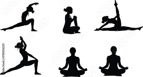 Silhouette yoga women performing meditation and stretching balance poses, healthy fitness lifestyle exercise, calm body flexibility workout, peaceful wellness practice isolated