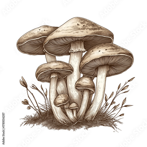 Antique Mushroom Engraving Illustration Detailed Nature Study, Generative AI