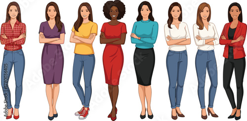 Diverse women illustration, fashion outfits, confident poses, cartoon characters, hairstyle variety, standing group, stylish clothing, female empowerment, modern look