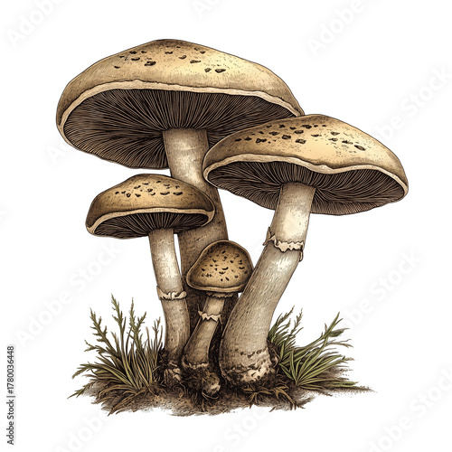 Classic Fungi Illustration Detailed Forest Mushroom Drawing, Generative AI