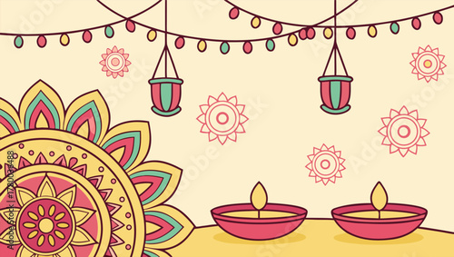 Vibrant Happy Diwali background with illuminated diyas, soft bokeh lights, and intricate mandala art patterns, symbolizing joy, warmth, and spiritual brightness in a festive composition