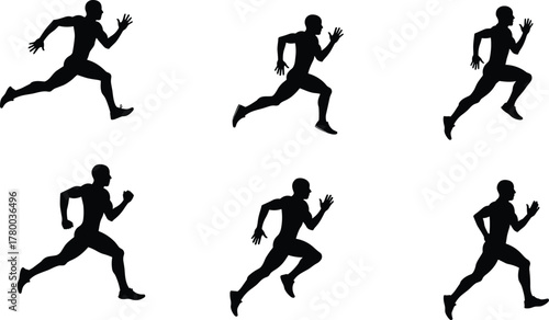 Silhouettes of athletic running poses, dynamic sprinting movement illustration, fitness training concept, athlete motion sequence, speed performance exercise, sports activity design