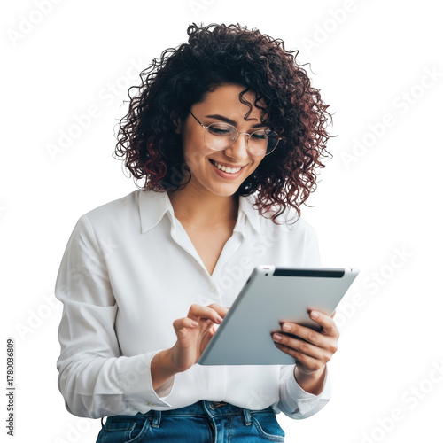 Wallpaper Mural Smiling woman using a tablet computer isolated on transparent background Torontodigital.ca