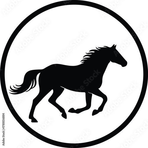 Vector horse running gallop black emblem in circle silhouette illustration