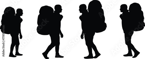Silhouette hikers walking with backpacks, outdoor trekking group illustration, adventure travel concept, camping journey design, wilderness exploration graphic,
