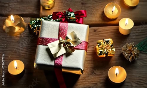 Bingkisan berwarna emas dengan pita merah untuk hadiah di moment berharga 