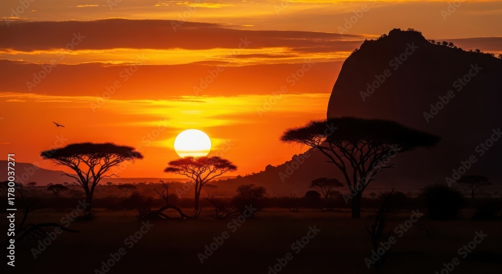 Obraz premium Vibrant african sunset over the savanna with acacia trees and a distant mountain, casting long shadows