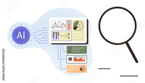 AI processing system reviewing data with graphs, charts, and magnifying glass. Ideal for technology, innovation, machine learning, data science, analytics research insights. Simple flat metaphor