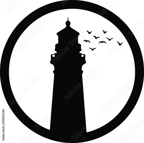 Vector lighthouse silhouette with flock of birds in a circle illustration