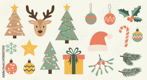 Vector set of cute boho hand-drawn Christmas elements including reindeer, stylized Christmas trees, ornaments, gift boxes, and mistletoe in a festive flat style.