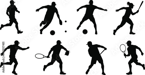 Silhouette athletes running, soccer players dribbling ball, baseball batter swinging bat, tennis players with racket, pitcher throwing ball, dynamic sports action, fitness training illustration