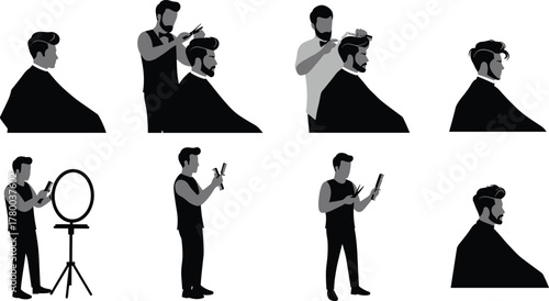 Haircut process, barber silhouette, grooming action, scissors and comb, styling pose, ring light setup, clipper use, salon scene, black figure, trim